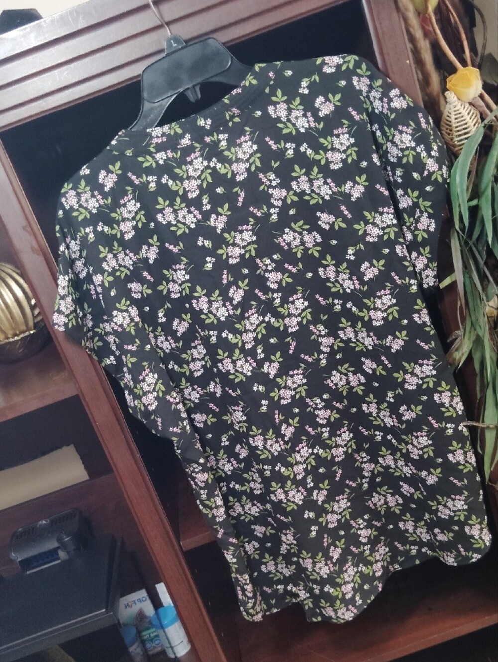 Cynthia Steffe Black V-Neck Floral Top with Pink Blossoms and Green Leaves - Picture 3 of 8